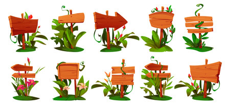 Jungle plant on game wood sign board ui cartoon vector. Forest signboard banner with amazon liana, grass and tropic flower. Isolated road direction label template nature design for comic interfaceのイラスト素材