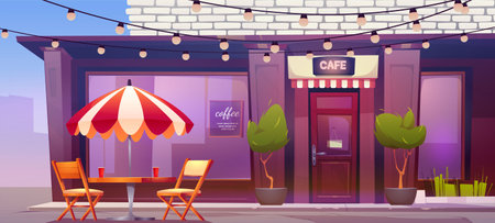 Urban cafe on city street corner. Vector cartoon illustration of coffee shop facade with furniture outdoors, paper cups on table, wooden chairs under umbrella. Modern cafeteria decorated with garlandsのイラスト素材