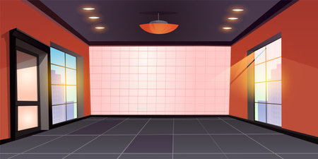Cartoon empty room interior with floor and window vector background. Perspective living room wall template with skyscraper cityscape view and sunlight ray. Nothing and nobody inside game locationのイラスト素材