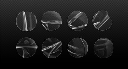 Clear round transparent plastic duct tape sticker vector set. Sticky film patch texture mockup. 3d realistic glue piece overlay wrap effect. Circle peel stick wrinkled icon template with air bubble.のイラスト素材