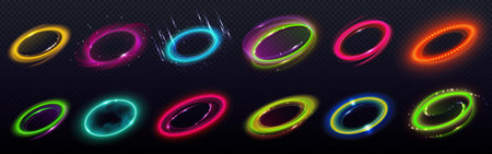 3d neon electric light and flare halo ring vector effect. Abstract speed frame with edm energy glow on black background. Purple, green and blue radial orb vortex shape. Beautiful fiber motion tunnelのイラスト素材