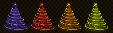 Merry Christmas light tree with star and glitter sparkle decoration. Xmas and New Year bright winter holiday shiny isolated ribbon pine element in purple, gold, red and green modern collectionのイラスト素材