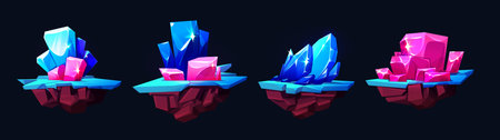 Magic game crystal floating stone island vector. Gemstone and diamond isolated cluster clipart illustration. Mineral ruby, sapphire and diamond gui element set. Jewelry platform on black backgroundのイラスト素材