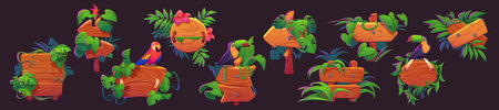 Wood jungle game sign board with flower and parrot vector cartoon set. Forest ui signboard frame icon with tropical design. Wooden texture summer plaque for welcome menu tropic comic interface.のイラスト素材
