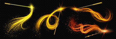 Magic wand with wizard spell sparkle light vector. Magician fairy glitter trail effect with glowing stick on black background. Fantasy spiral vortex shine isolated. Fairytale abracadabra wish neon lineのイラスト素材