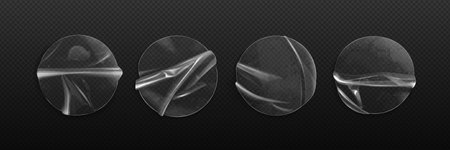 Transparent plastic adhesive sticker mockup. Realistic vector illustration set of circle crumpled acrylic sticky patches with overlay effect. Glossy glued circular tape sheet. Wrinkled pasted rounds.のイラスト素材