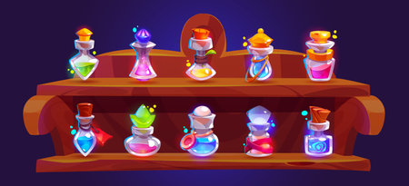 Magic elixir bottles standing on wooden shelf. Vector cartoon illustration of corked glass jars with colorful liquid substance, love potion, medicine, toxic poison, perfume. Medieval lab collectionのイラスト素材