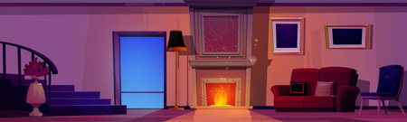 Large living room with fireplace at night. Vector cartoon illustration of house interior or hotel lobby with chair and sofa, bunch of roses in vase next to staircase, floor lamp, pictures on wallのイラスト素材