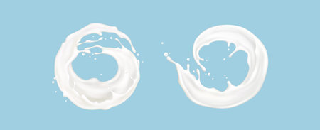 Milk circle liquid wave splash with drop vector. Isolated 3d white yoghurt cream texture. Fluid lotion shake stream for product branding. Realistic creamy flow set with splatter. Milkshake round frameのイラスト素材