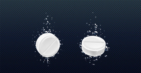 Effervescent aspirin tablet with underwater bubble. Fizzy white medicine vitamin isolated on transparent background. Paracetamol dose sparkling. Pharmaceutical solution from migraine to drinkのイラスト素材