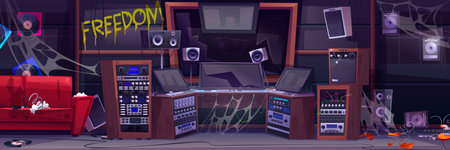 Abandoned music record studio cartoon vector interior. Broken sound production equipment in messy room with crack glass window. Dirty audio recording workstation with loudspeaker and synthesizerのイラスト素材