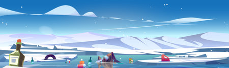 Garbage in arctic ocean snow ice world landscape. North pole and global water pollution with rubbish and bottle. White Canada glacier panorama environment design with snowy hill and frozen lakeのイラスト素材