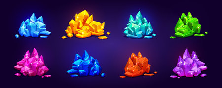 Treasure gem pile game icon cartoon illustration. Golden, emerald, ruby, amber and sapphire glossy and sparkle nugget stack material. Fancy red, pink, green and blue gemstone mineral clipart setのイラスト素材