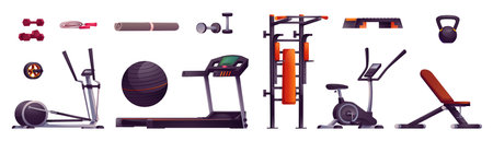Sports equipment for gym - cartoon vector set of treadmill, exercise bike and elliptical machine for cardio workout, and multifunctional pull up power tower, bench and dumbbells for strength training.のイラスト素材