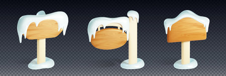 Wood sighnboard covered with snow and icicle 3d cartoon vector set. Realistic illustration of various blank snowy panels and banners with wooden texture for winter and Christmas text and signs.のイラスト素材