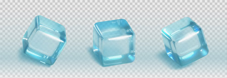 Ice cube 3d realistic set - blue transparent square pieces of frozen water for cooling drinks. Translucent freeze solid blocks for cocktails and beverages. Vector illustration of clear frosty aqua.のイラスト素材