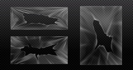 Vinyl album cover with torn plastic wrap texture overlay set. Music record sleeve frame with broken hole effect mockup vector design. Distressed rough transparent tape package template collectionのイラスト素材