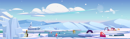 Garbage floating in ocean between ice floes. Vector cartoon illustration of snowy landscape contaminated with waste glass, cardboard, plastic, metal, rubber trash. Natural disaster, climate changeのイラスト素材
