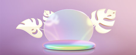 Holographic 3D platform with round glass morphism panel background and golden monstera leaves. Vector realistic illustration of glossy beauty product display, award pedestal mockup with color gradientのイラスト素材