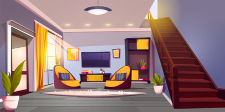 Living room with TV in modern house. Vector cartoon illustration of home interior, armchairs and carpet on wooden floor, books on table, picture frames on wall, stairscase, morning sunlight in windowのイラスト素材