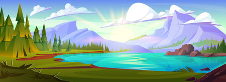 Mountain lake near forest nature vector background. Pine tree, river water and beautiful valley daytime panorama illustration for game environment graphic. Outdoor travel scene with green grassのイラスト素材