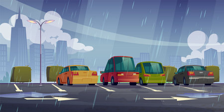 Rain on car park lot and city street road vector illustration background. Free vehicle rest area with skyscraper and falling raindrop weather landscape. Water puddle on urban public asphalt carparkのイラスト素材