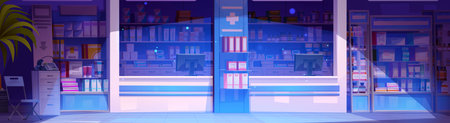 Night pharmacy store with counter and spotlight vector illustration. Medical shop interior with shelves. Chair near cardiograph in pharmaceutical office. Dark hospital drugstore with treatment drugのイラスト素材