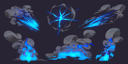 Cartoon set of explosion effects with neon blue fire and grey clouds of smoke. Vector illustration of comic style blast, puff, fast speed motion, dust trail, boom wave animation isolated on blackのイラスト素材