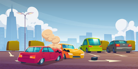 Vehicle crash accident on car park lot vector. Traffic wreck and insurance collision in city with perspective skyscraper view. Public carpark crush concept illustration. Bumper damage background sceneのイラスト素材