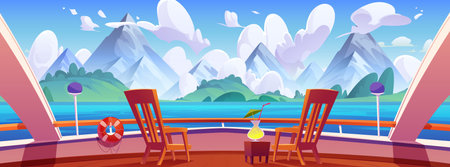 Cruise ship deck ocean view on mountain landscape cartoon background. Yacht boat railing in sea in summer scene. luxury vessel embankment with cocktail on table illustration. Safety rail and lifebuoyのイラスト素材