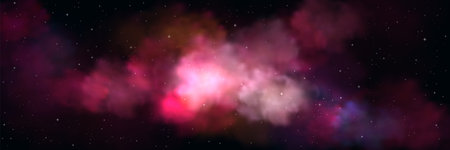 Realistic night sky with pink clouds. Vector illustration of magic sparkling stars scattered in dark...