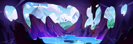 Rock cave illustration and mountain view. Stone grotto with hole near beautiful peaceful summer nature and ridge landscape. Water flowing from wall inside cavern to lake. Scary adventure environmentのイラスト素材