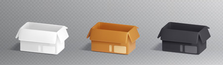 Open cardboard box in brown, white and black colors for storage and delivery of goods. Empty carton...