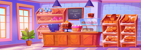 Bakery shop interior with checkout, display cases and shelves with freshly baked bread and baguettes, buns and cakes, donuts and cupcakes. Cartoon vector illustration of warm fresh pastries market.のイラスト素材