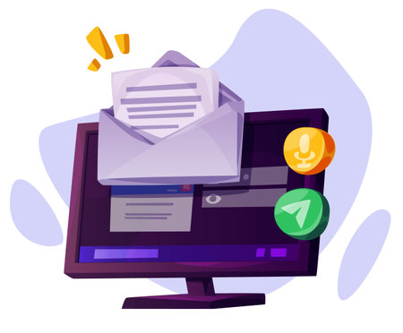Computer with mail element icon cartoon vector. Isolated laptop with envelope and letter graphic object. New chat message on desktop device monitor. Digital notification alert for inbox on websiteのイラスト素材