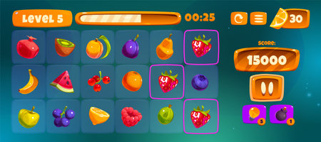 Fruit icon for casino ui game interface cartoon element set. Food button for match 3 mobile gamble app vector 2d collection. banana, strawberry, plum, lemon, orange, blueberry and pear item symbolのイラスト素材