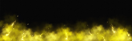 Yellow smoke with lightning strikes on transparent background. Vector realistic illustration of abstract cloud of toxic fire fume, neon electric energy discharges glowing in air, banner frame designのイラスト素材