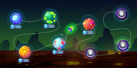 Space game ui level map with imaginary alien planets on way to finish line and player rocket. Cartoon vector illustration of gaming dotted route with steps marked with mysterious cosmic orbs.のイラスト素材