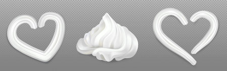 3d white whip for ice cream or cake heart shape. Soft creamy vanilla swirl decoration for cake or sweet pastry food. frozen yogurt dessert border or top curl decorating design. Realistic custard frameのイラスト素材