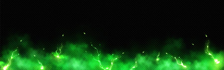 Realistic thunder light and green smoke cloud bottom frame. Mysterious lightning glow border wide panoramic element. Fluffy magic spell mist glowing with bolt energy charge overlay turquoise designのイラスト素材