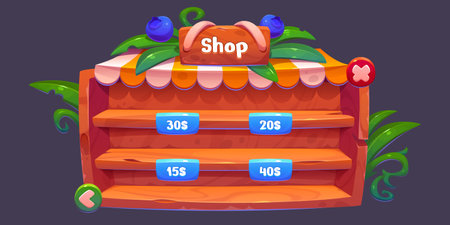 Game shop for user interface design. Vector cartoon illustration of wooden frame with empty shelves and price tags, green plant and blue berry decoration on top, online store for farming assetsのイラスト素材