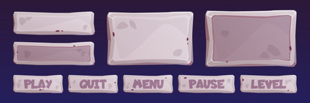 Rock frame ui board button, stone texture game interface cartoon vector set. Medieval gui plate icon for mobile app menu isolated on background. Info signboard with play and quit plaque assetのイラスト素材