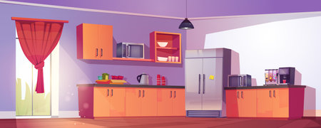 Office kitchen interior - large, bright flooded with sunlight room with wooden furniture, refrigerator, two microwaves, coffee machine and kettle, kitchenware for employees to have break and lunch.のイラスト素材