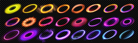 Realistic set of round light flares isolated on transparent background. Vector illustration of neon color glowing circles with smoke, sparkling particles, explosion, halo effect. Radial energy vortexのイラスト素材