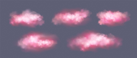 Realistic pink clouds set isolated on transparent background. Vector illustration of magic light smoke in air, sunset or sunrise sky design elements, fantastic fairytale mist, abstract gas evaporationのイラスト素材