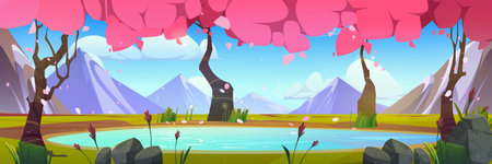 Spring japanese sakura forest park near mountain panorama illustration. Park with cherry tree blossom nature environment cartoon vector background. Peaceful and beautiful fairytale game locationのイラスト素材