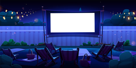 Open air backyard outdoor cinema screen at night cartoon illustration. Watching movie in summer back yard garden 2d environment with projector, chair and garland bulb light in evening with nobody.のイラスト素材