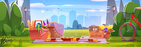 City park picnic with food in basket vector illustration. Hamper box with fruit, bread, juice, grapes and pie lunch meal setup on blanket. Bicycle on garden grass, falling petals and cityscape viewのイラスト素材