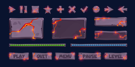 Stone with lava texture game interface vector. Volcano board crack ui button cartoon illustration set. Magic loading gui plate icon collection for ancient menu design. Magma eruption signboard panelのイラスト素材