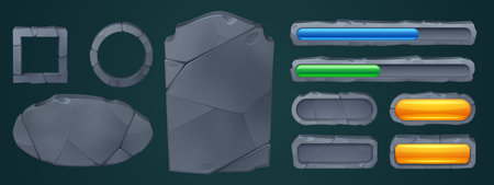 Stone frame and rock board game ui cartoon vector. Medieval plaque and loading progress bar design template. Isolated signboard block for menu with crack texture. Gui blank info plate icon setのイラスト素材
